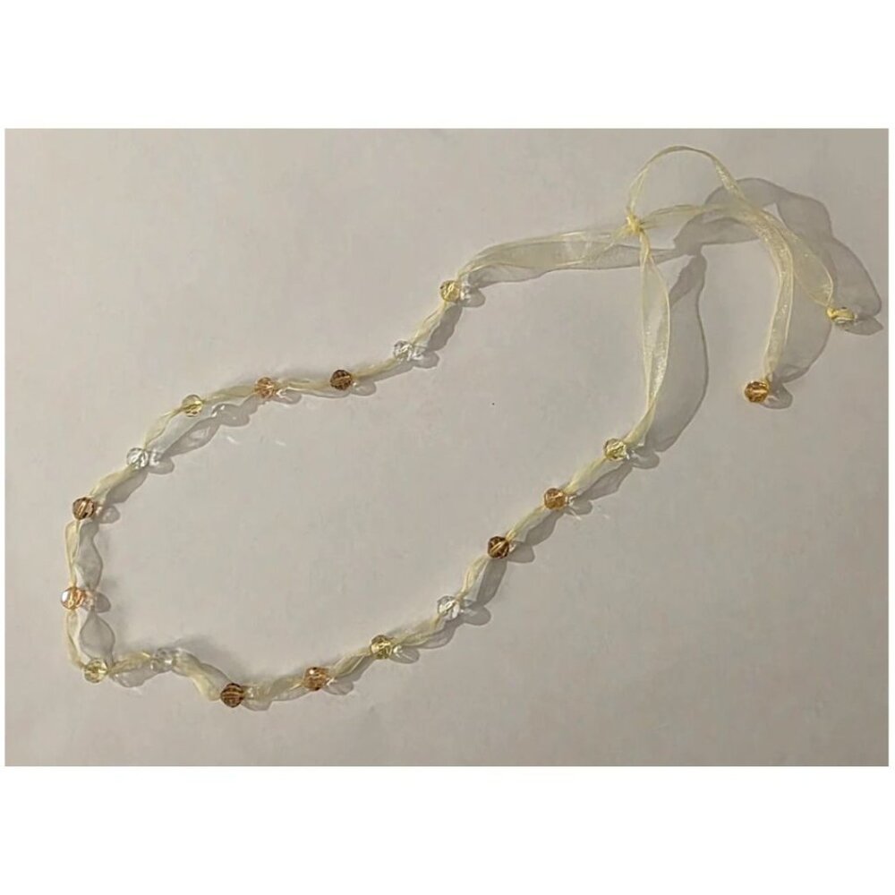 VINTAGE CRYSTAL BEADED KNOTTED LIGHT YELLOW ORGANZA RIBBON NECKLACE 26"